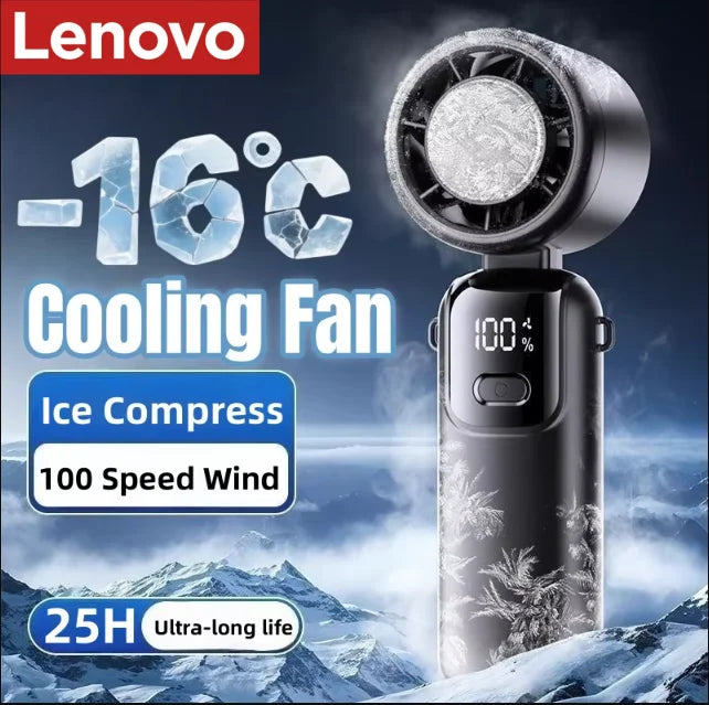 Lenovo Ice Cooling Handheld Fan 100 Speeds Turbo Portable USB Desk Fan Foldable/Hangable for Outdoor Fast Chill Ice Compress